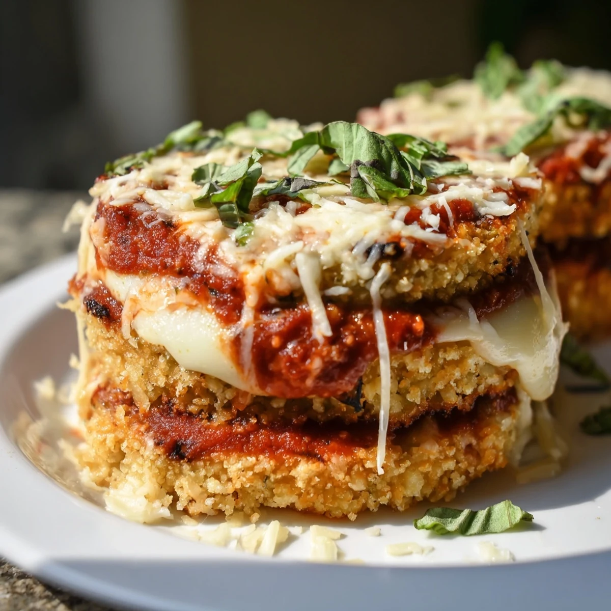 Mouthwatering Eggplant Parmesan, showcasing crispy breaded eggplant with melted mozzarella and marinara.