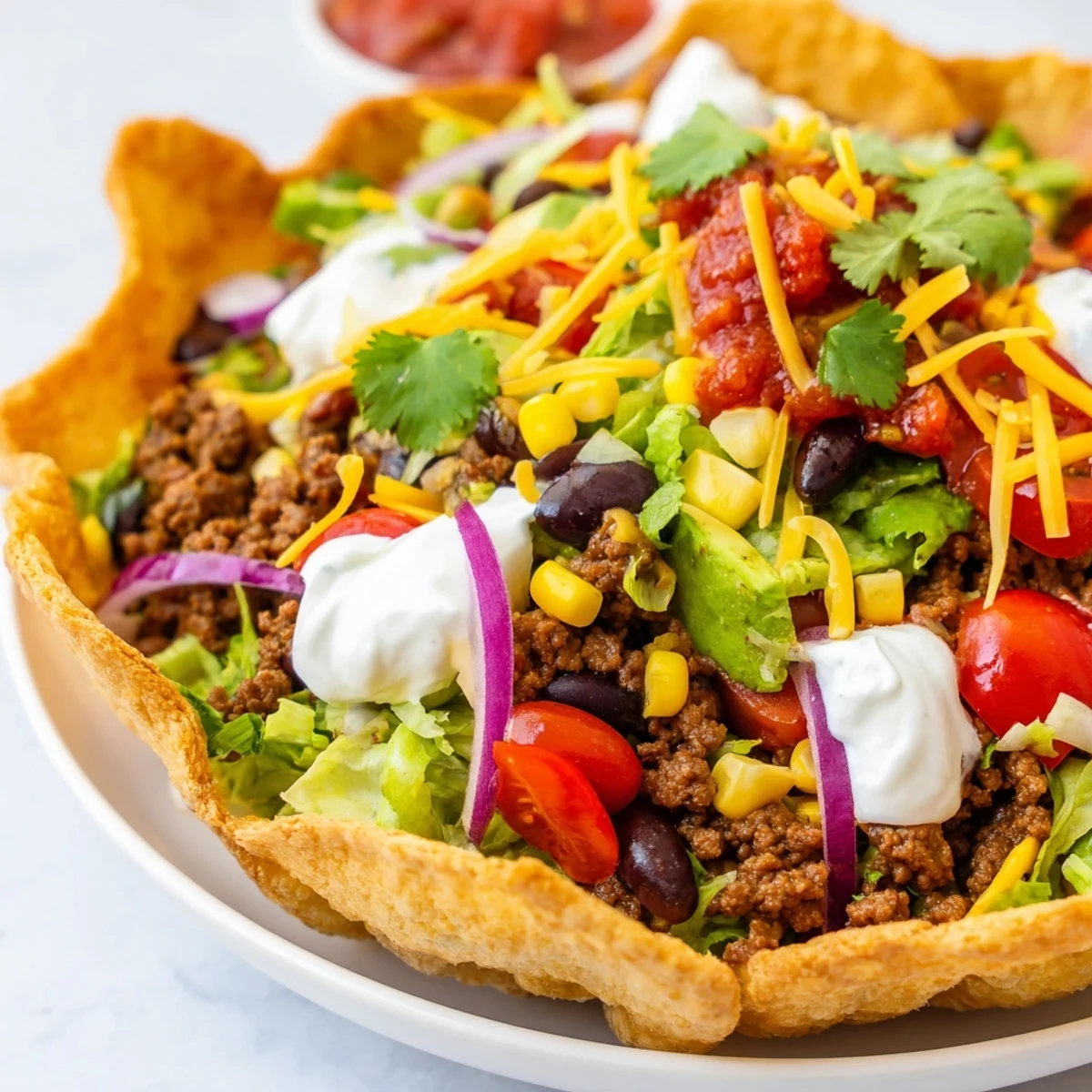 A colorful Taco Salad, a crispy tortilla bowl filled with seasoned ground beef and fresh toppings.