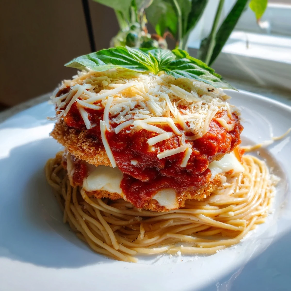 Golden-brown Chicken Parmesan, bubbling cheese and rich tomato sauce, ready to serve over pasta.