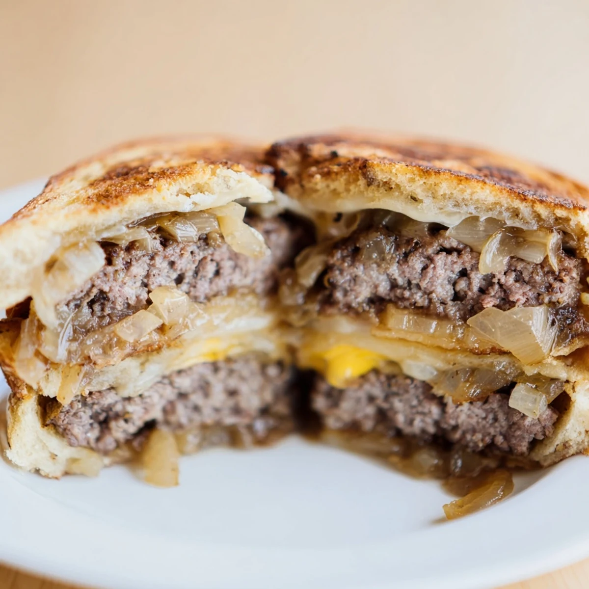Golden brown Patty Melt sandwich oozing melted Swiss cheese and sweetly caramelized onions.