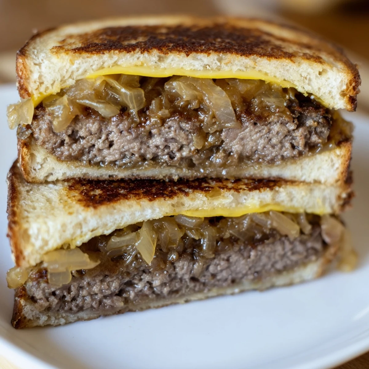 Perfectly grilled Patty Melt, delicious layers of beef, cheese, and onions on buttered rye bread.