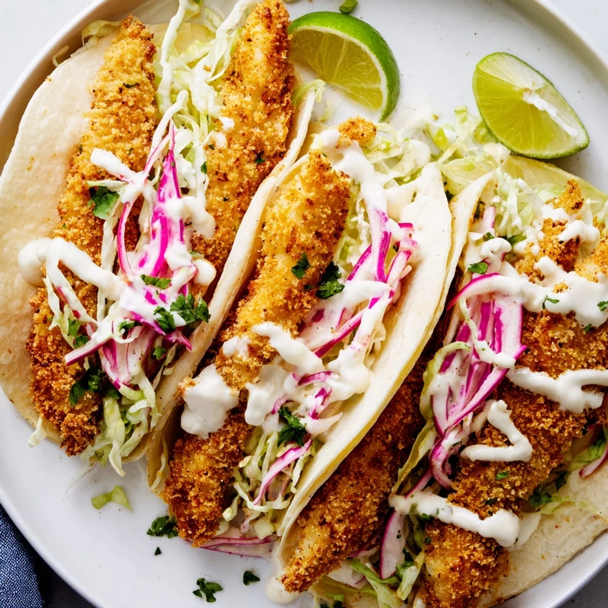 Golden-brown, crispy fried fish tacos, served with vibrant slaw and creamy sauce, ready to enjoy.