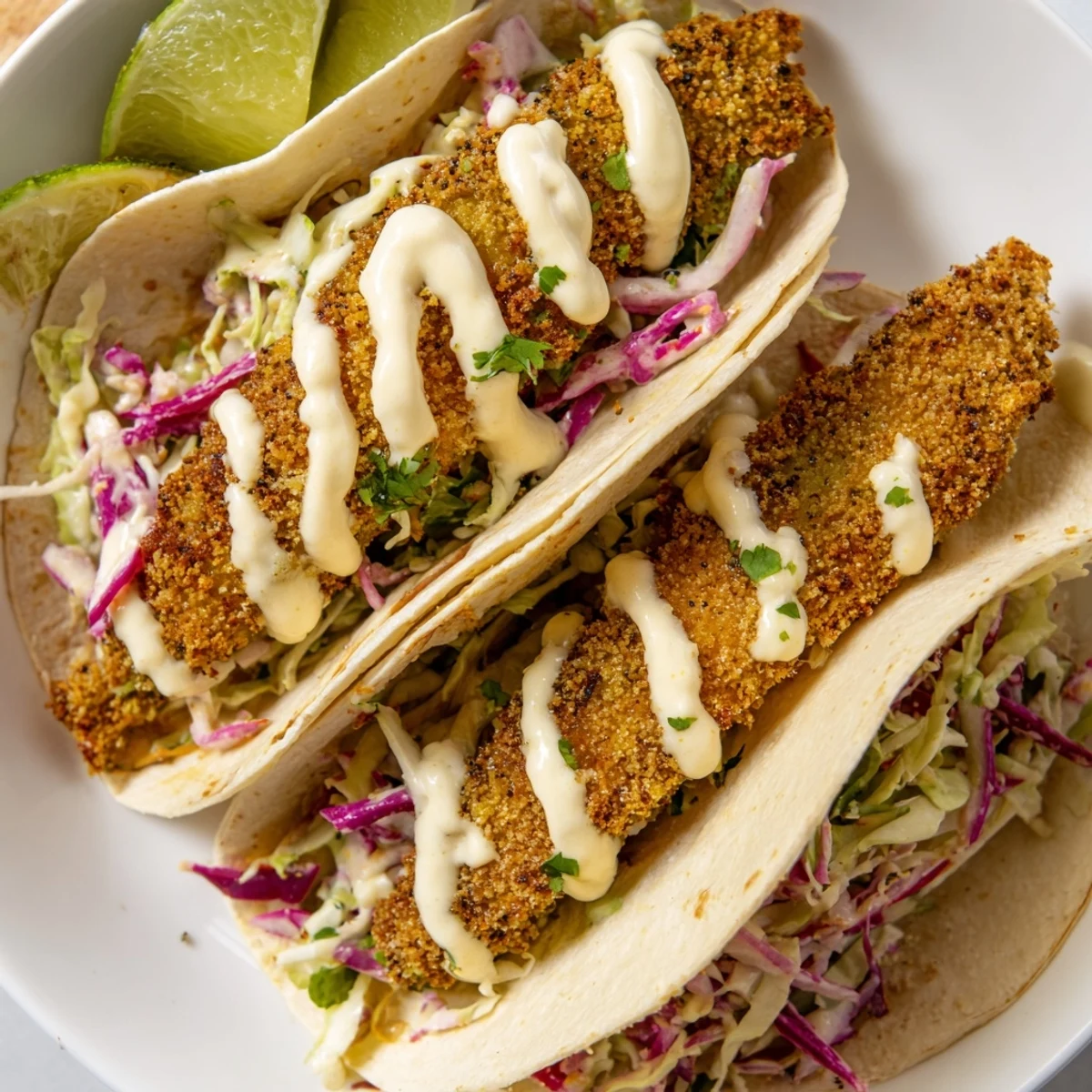 Close-up of fresh fish tacos showcasing flaky, grilled fish alongside colorful, crunchy toppings.