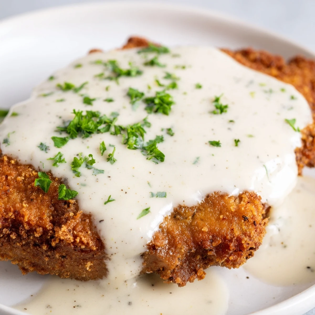 Golden-brown Chicken Fried Steak, crispy crust with creamy gravy, served on a plate ready to eat.