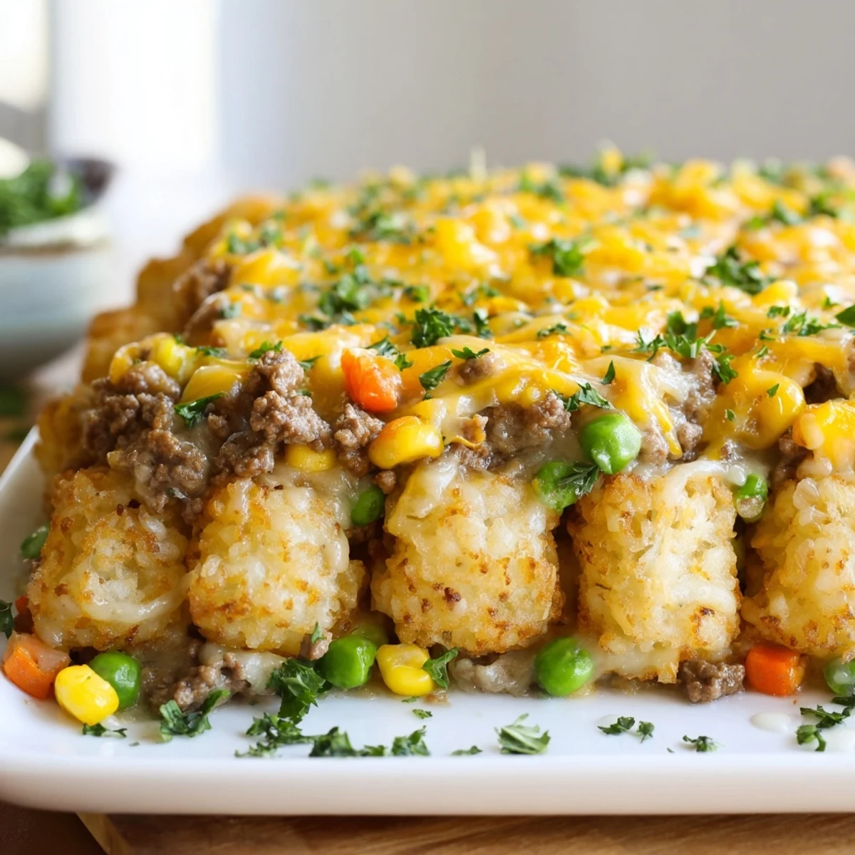 Tater Tot Casserole, a bubbly bake with crispy golden tots topping hearty ground beef and veggies.