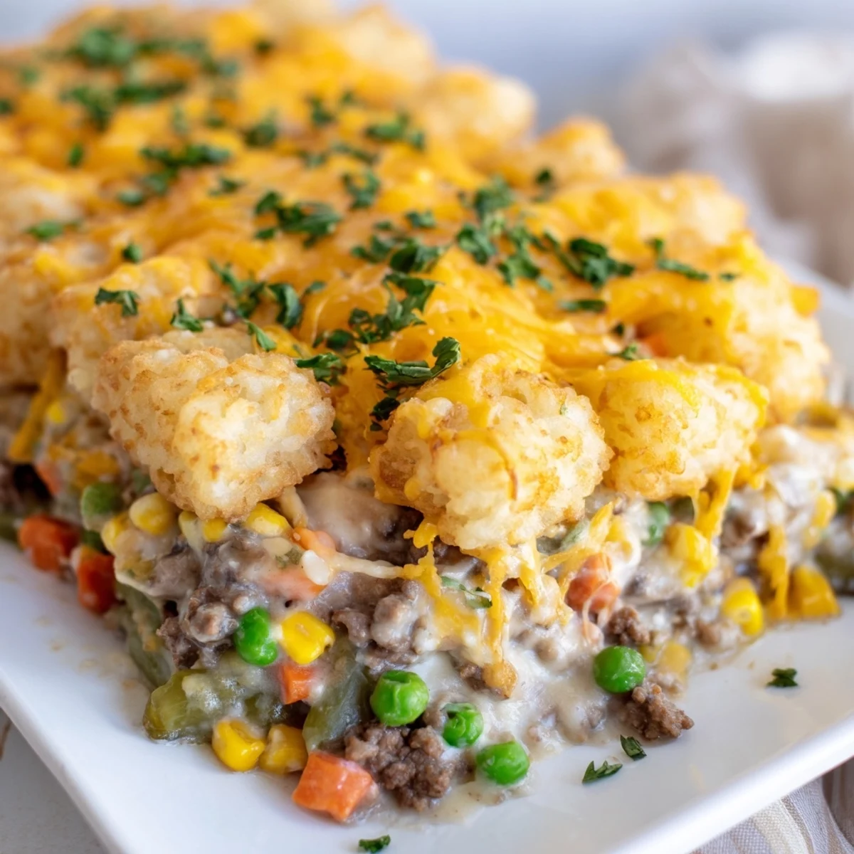 Warm, comforting Tater Tot Casserole with melted cheese, perfect for a satisfying family dinner.