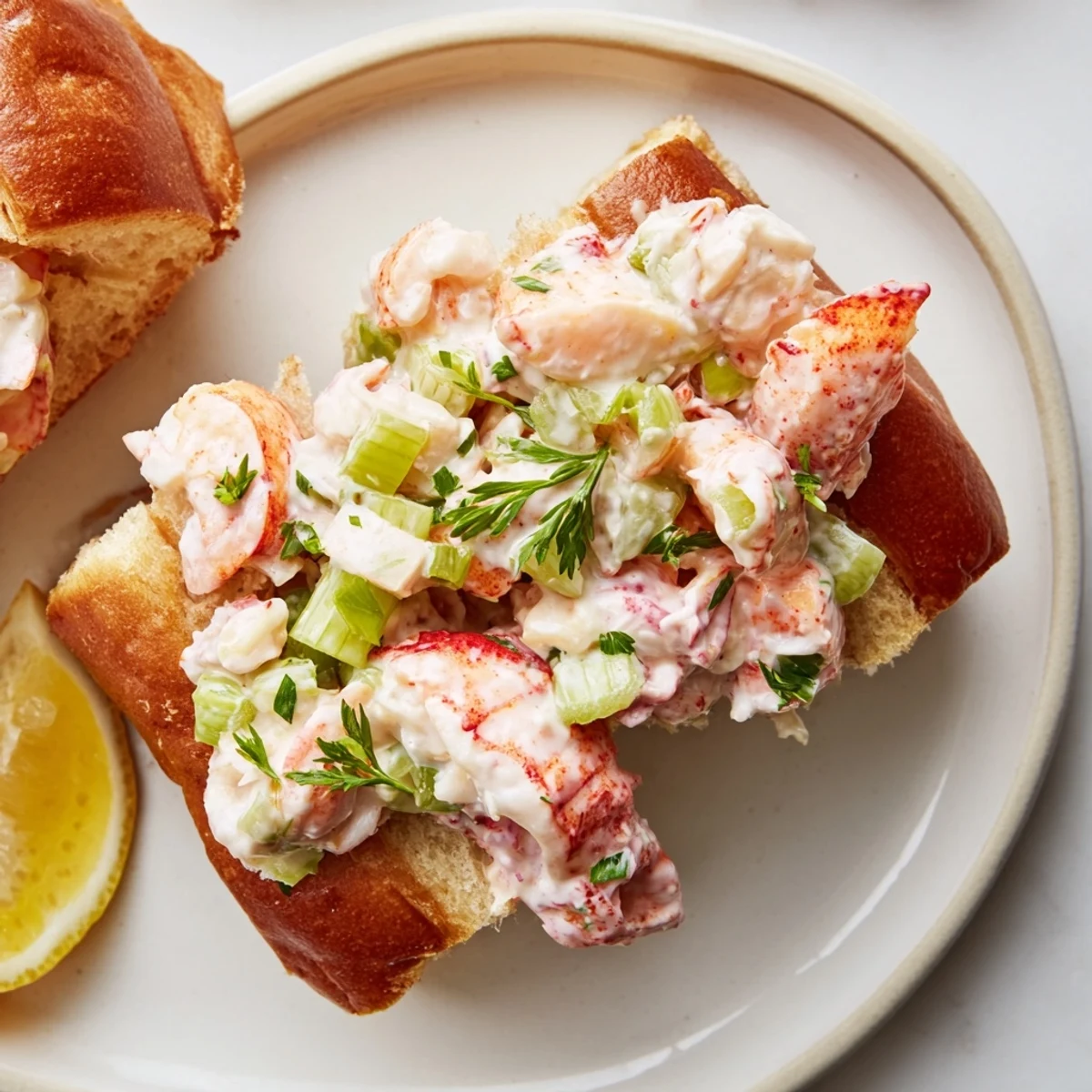 Close-up of a delightful New England lobster roll: lobster salad spilling out of a toasted, buttery roll.