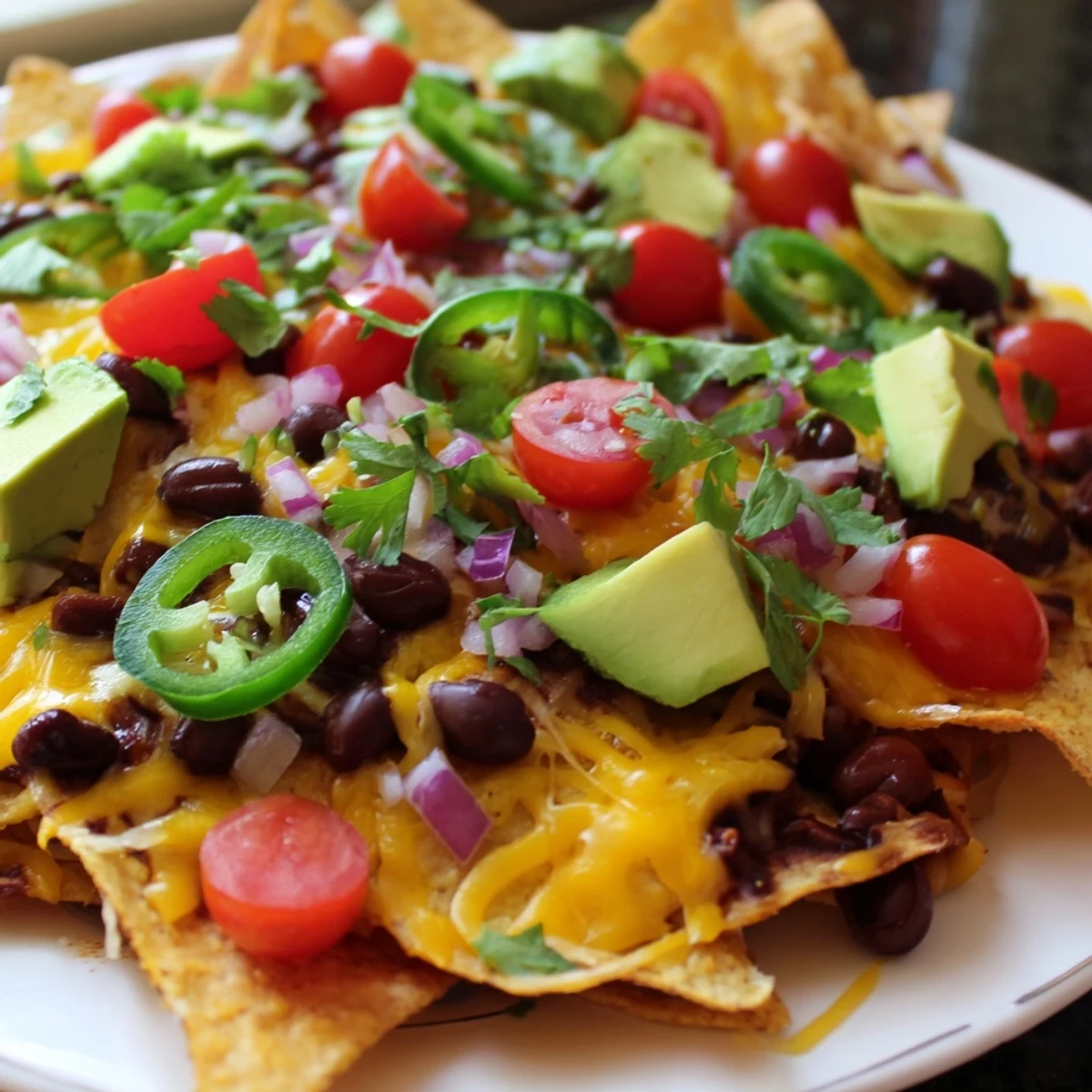 Warm, cheesy nachos overflowing with melted cheddar, black beans, and spicy jalapeños, ready to enjoy.