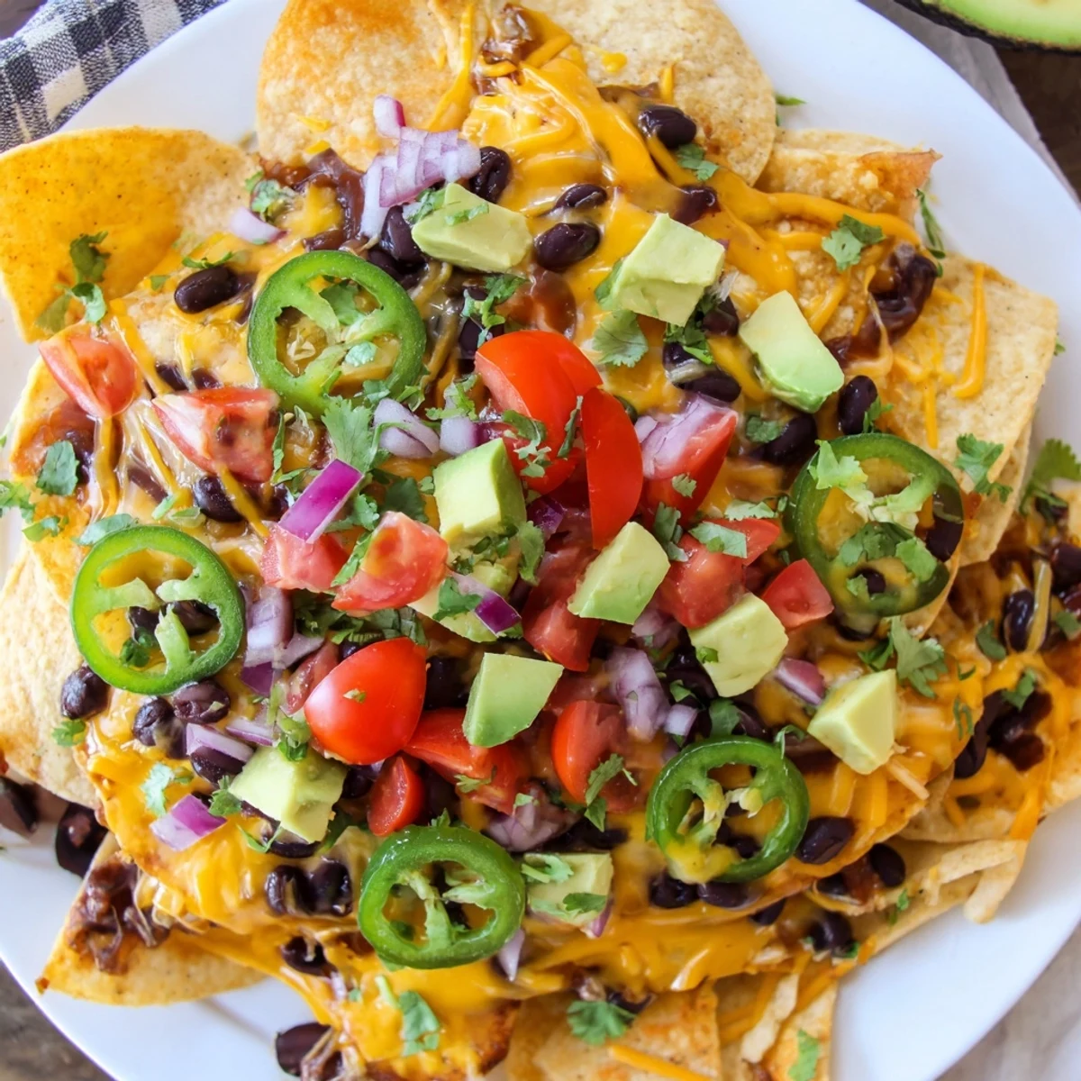 Golden, bubbly nachos with seasoned ground beef, a colorful array of fresh toppings, perfect for sharing.