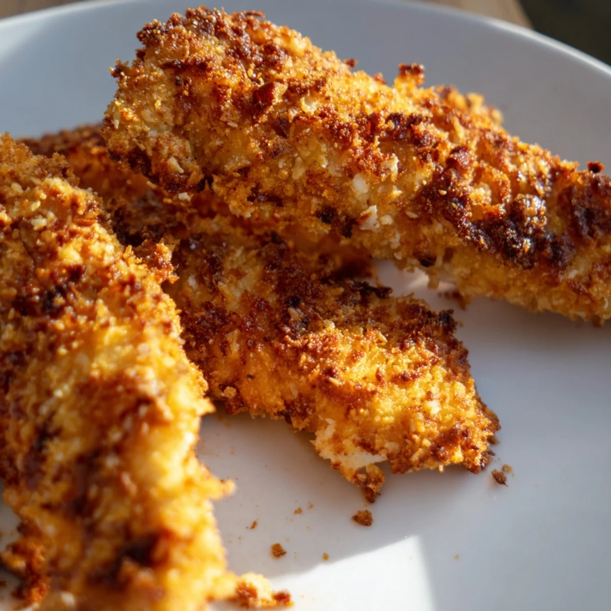 Golden-brown, crispy chicken tenders ready to be dipped and enjoyed with your favorite sauces.