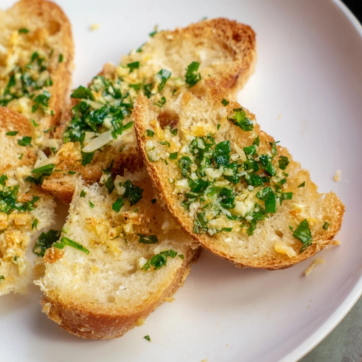 Golden, toasted Garlic Bread slices generously buttered, perfectly baked and ready to enjoy with pasta.