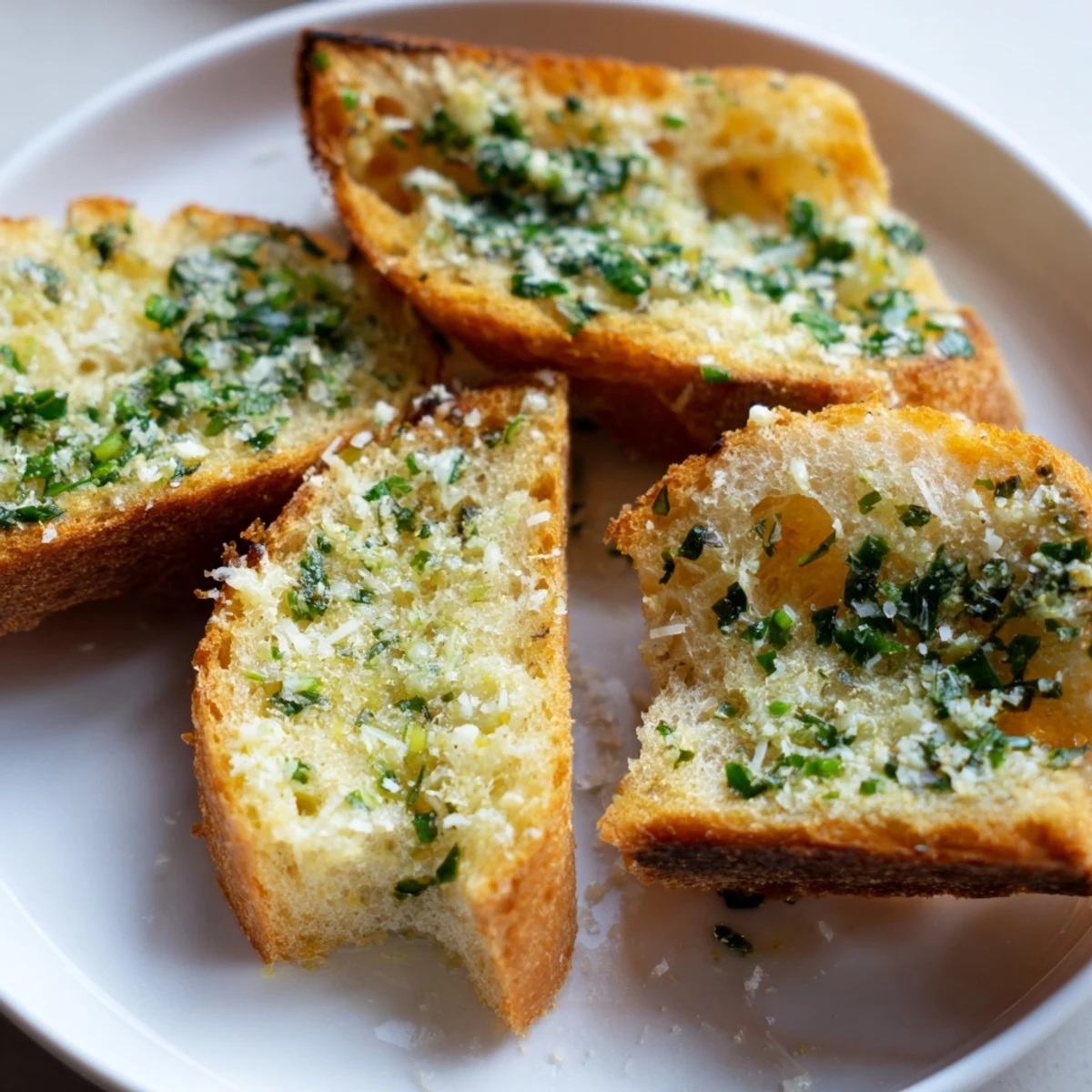 Close-up of crispy Garlic Bread, showing the bubbling butter and herbs after baking; a delicious side.