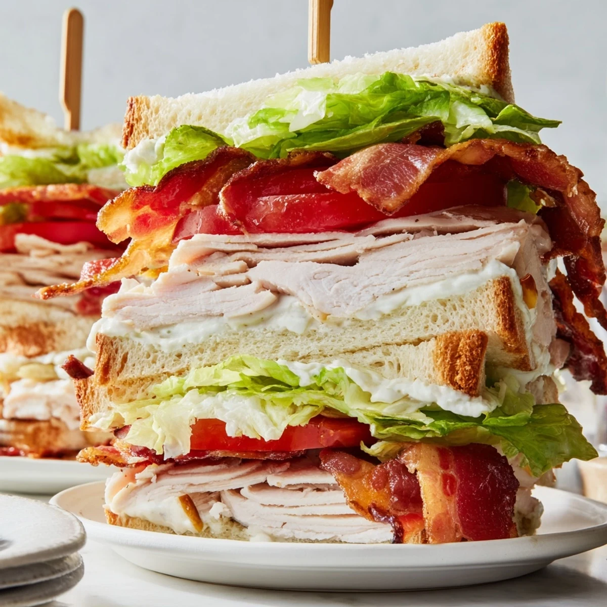 Golden toasted bread layers showcasing this delicious Turkey Club Sandwich with crispy bacon and fresh fillings.