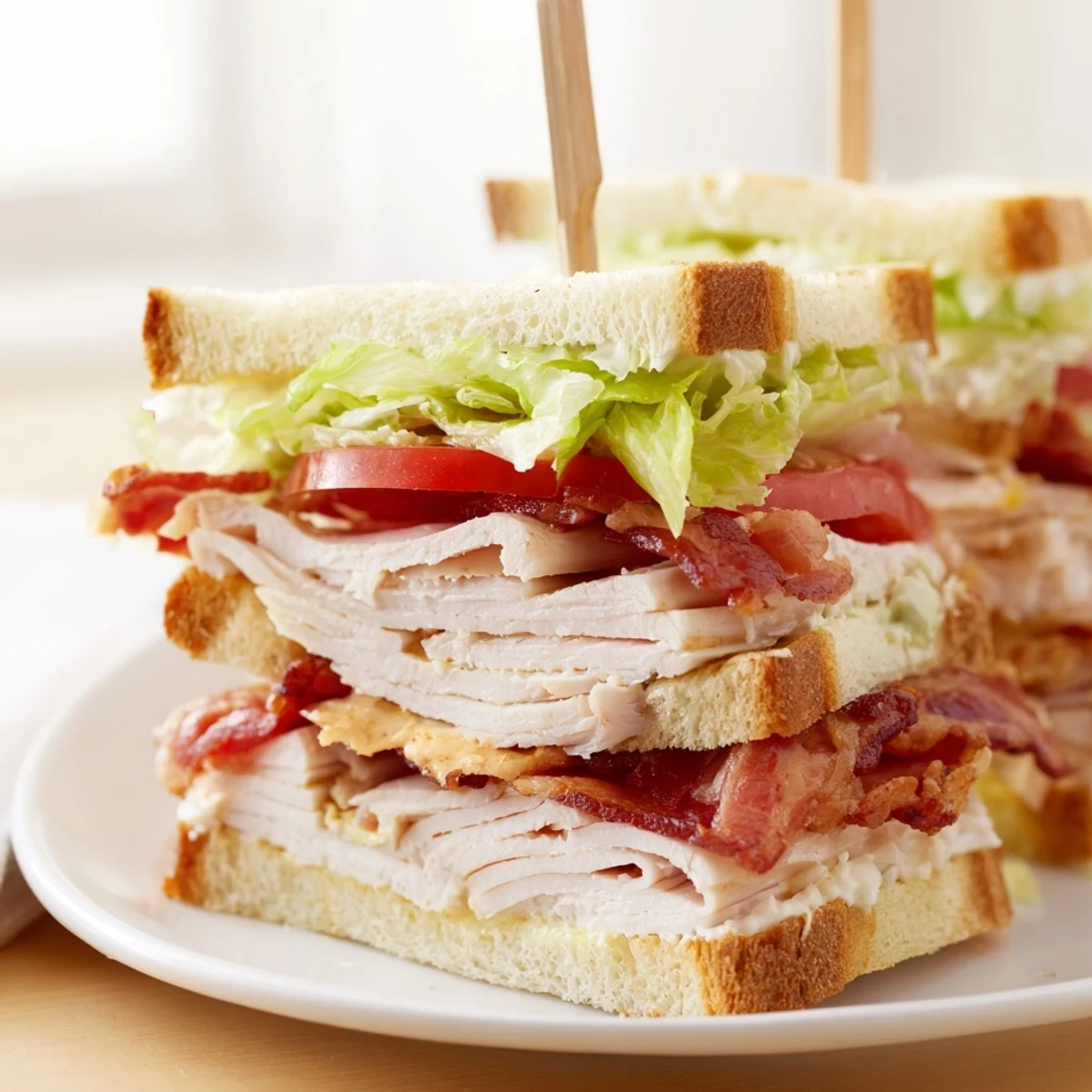 A visually appealing close-up of a classic Turkey Club Sandwich, piled high with turkey and flavorful ingredients.