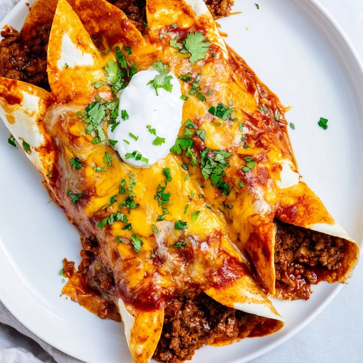 Golden, bubbly Beef Enchiladas, filled with savory seasoned beef and melting cheese, ready to enjoy.