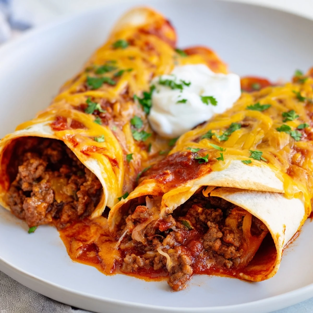 A close-up of steaming Beef Enchiladas, drenched in red sauce, a classic Mexican comfort food.