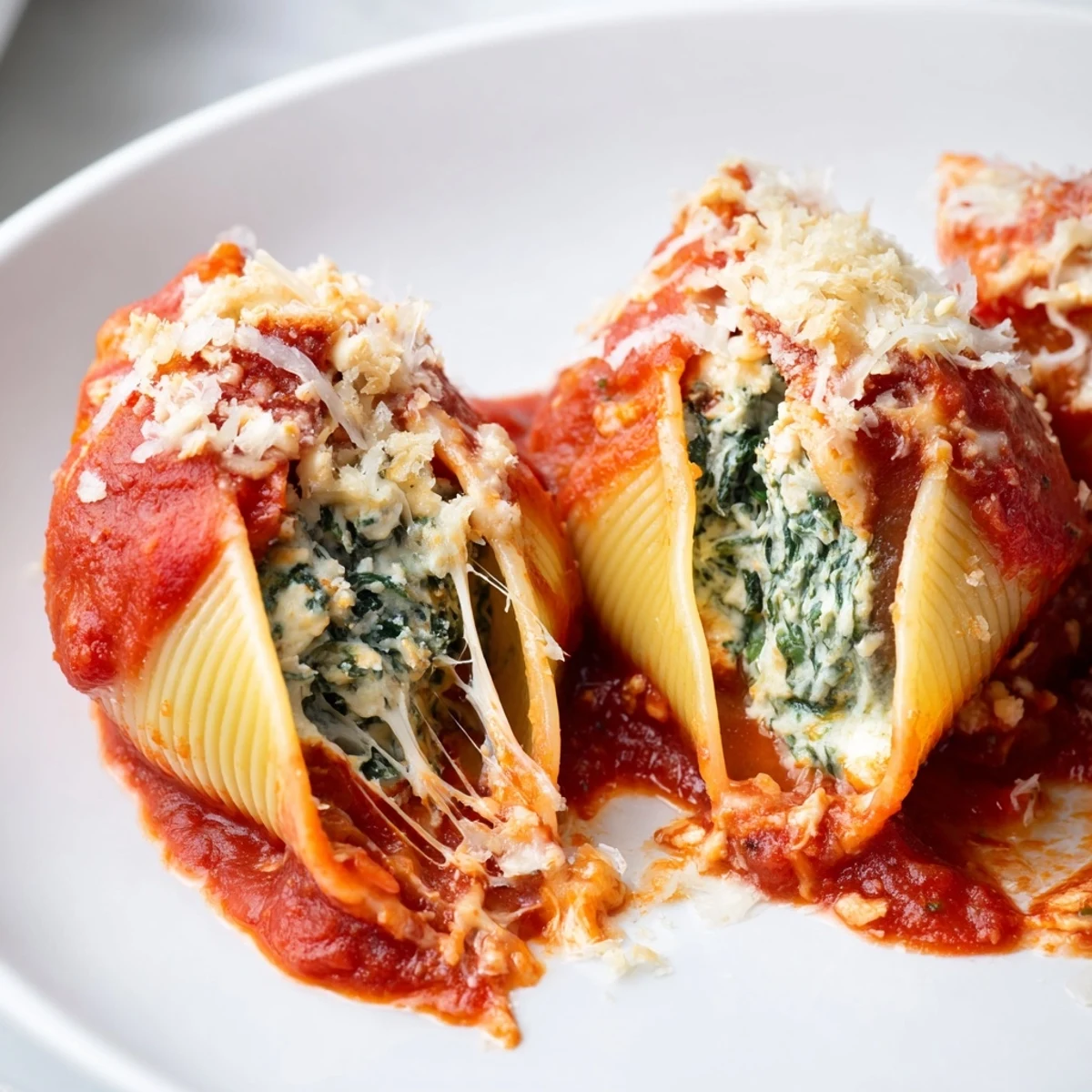 Warm, bubbling stuffed shells, a comforting Italian meal baked in a rich tomato sauce, ready to serve.