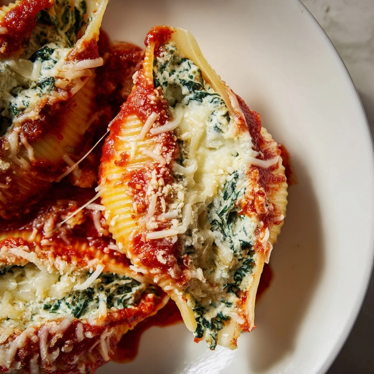 A close-up of cheesy, baked stuffed shells, showing the creamy ricotta filling and delicious tomato sauce.