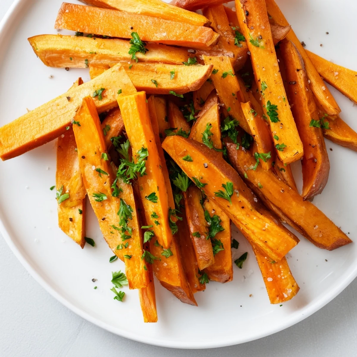 Golden-brown, crispy oven-baked sweet potato fries are ready to be served.