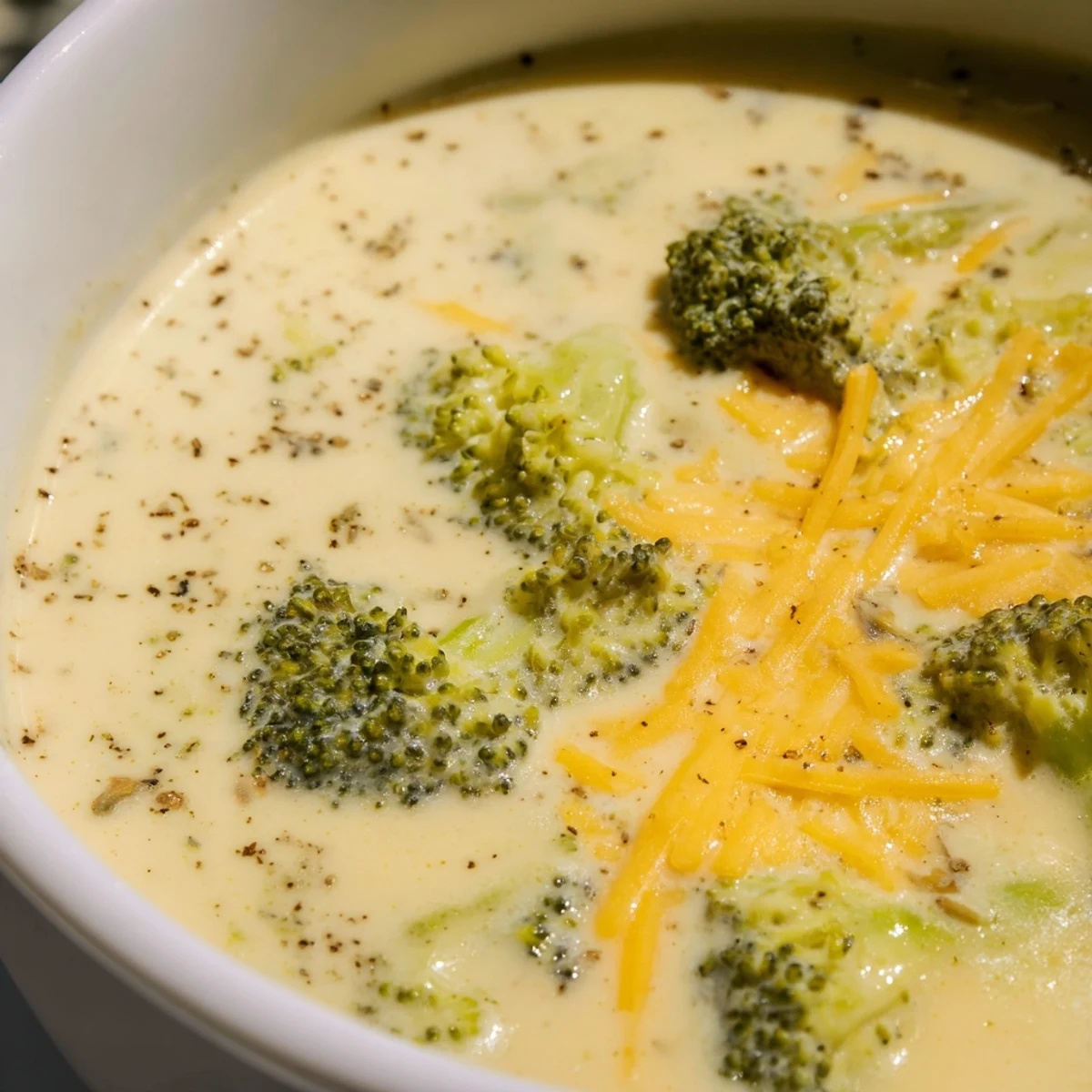 Steaming hot bowl of creamy broccoli cheese soup, garnished with fresh pepper for serving.