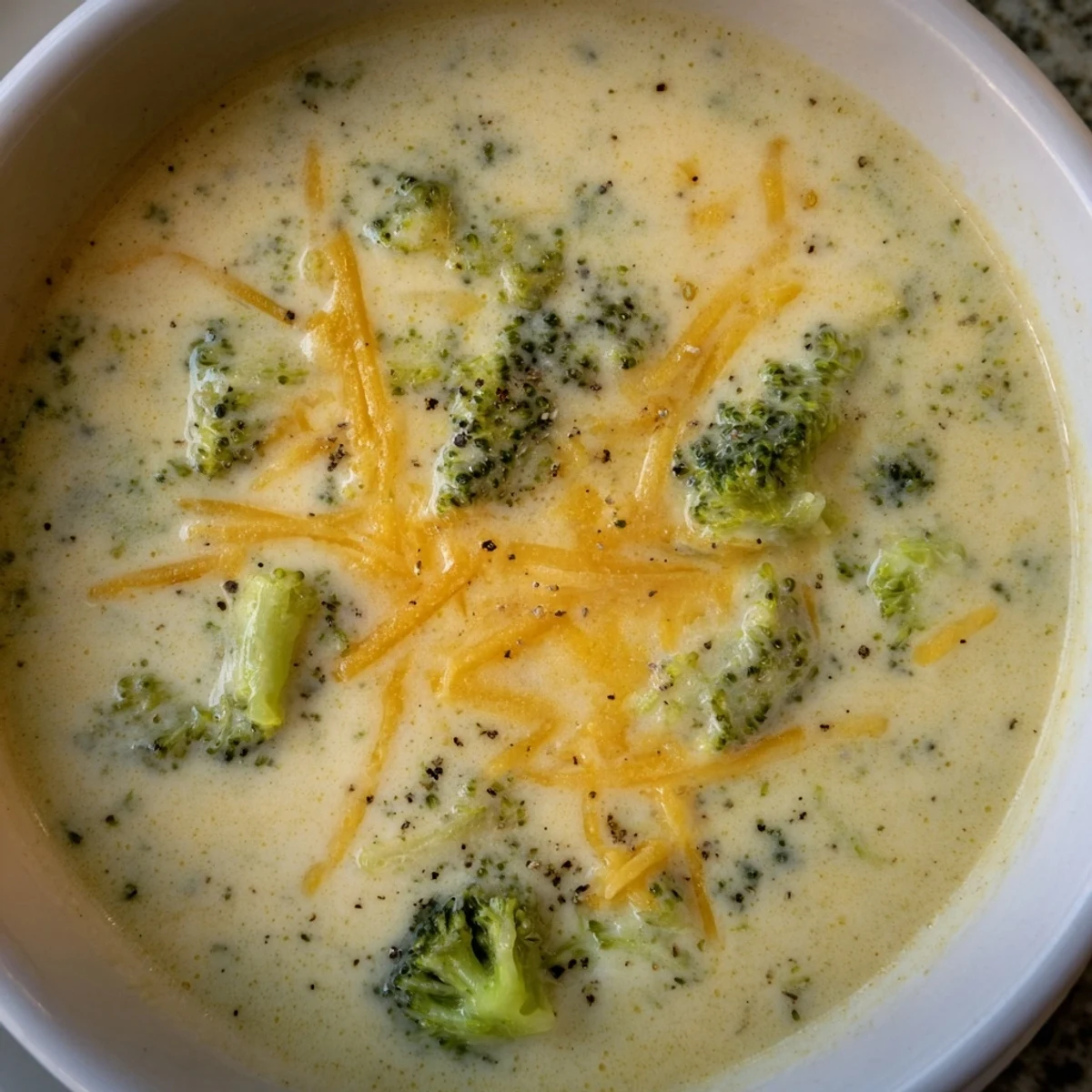 Close-up of bubbling broccoli cheese soup with melting cheddar, perfect for a cozy supper.
