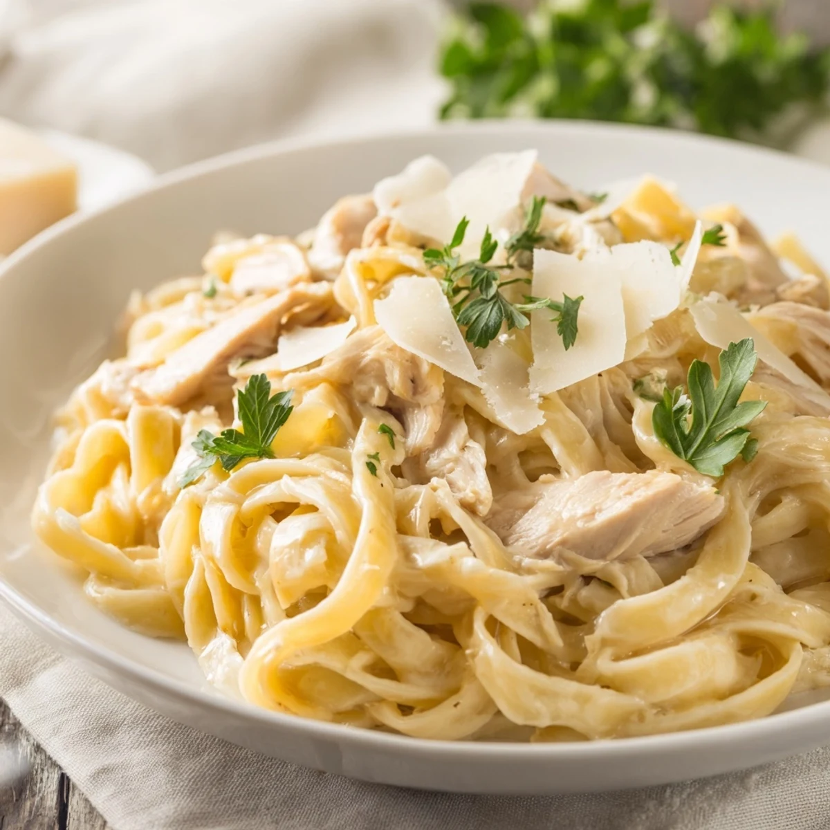 A comforting bowl of fettuccine Alfredo, featuring perfectly cooked pasta and a lush, Parmesan cream sauce.