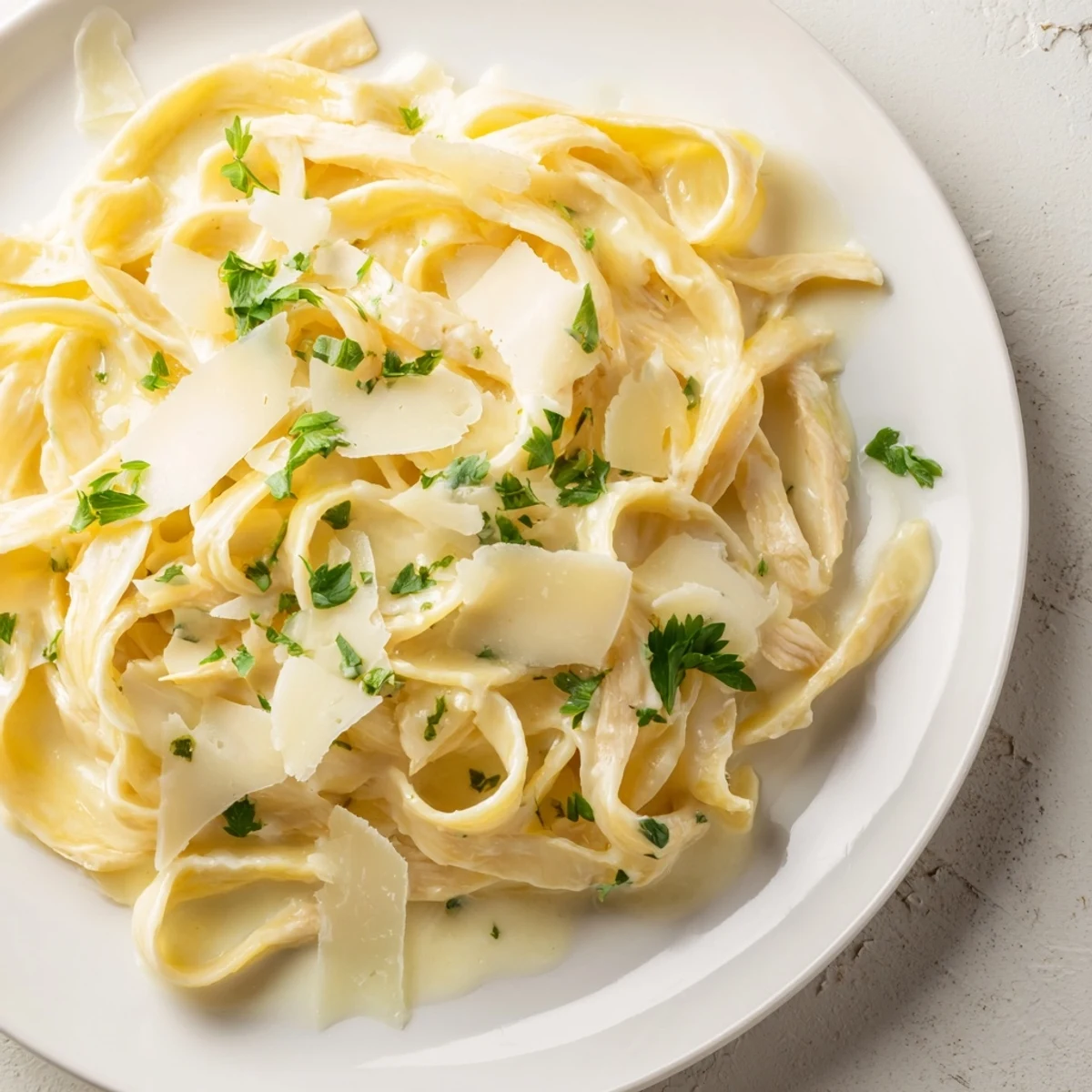 Creamy fettuccine Alfredo pasta coated in rich, buttery, and cheesy sauce, ready to serve and enjoy.