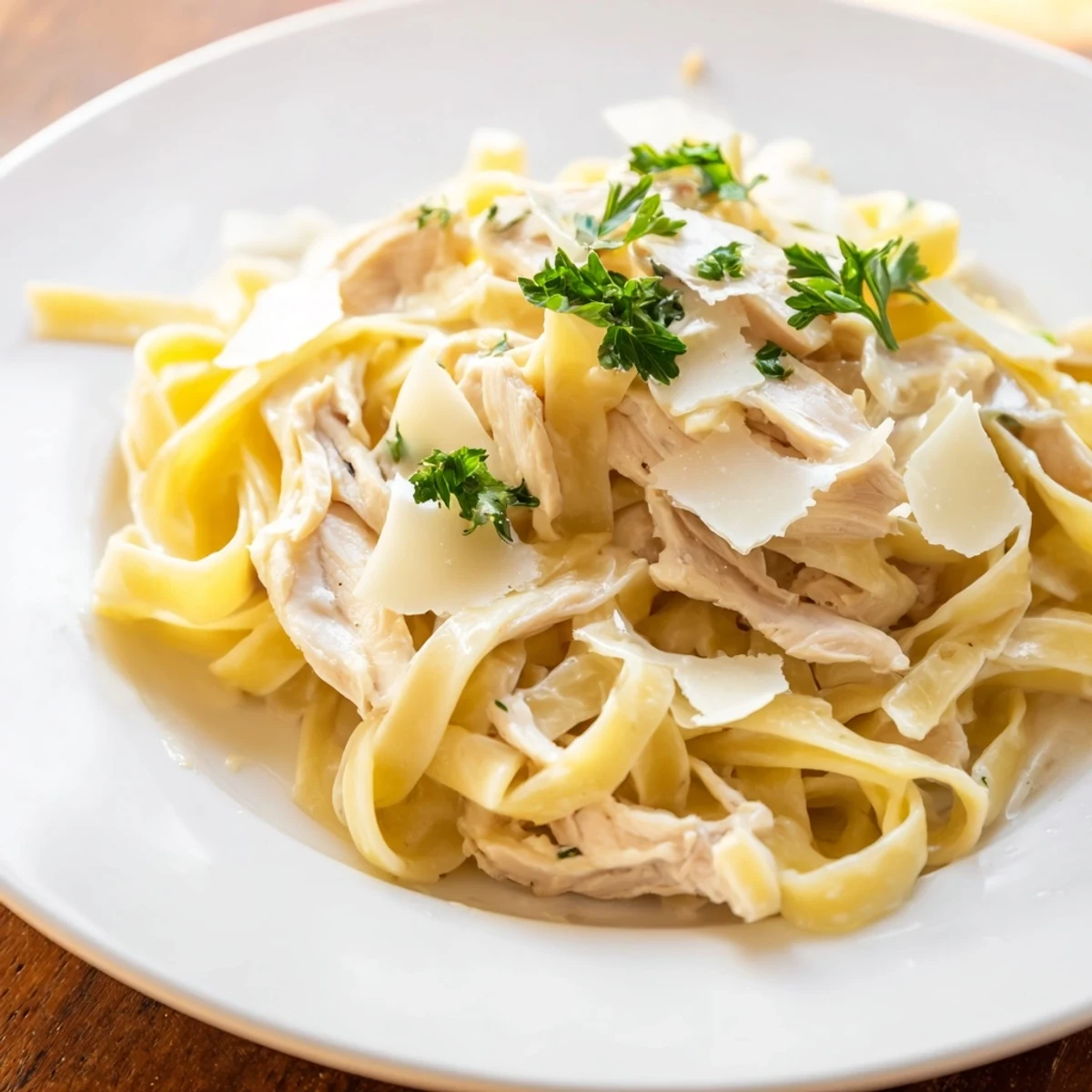 Golden-brown sautéed chicken atop a bed of creamy fettuccine Alfredo, a delicious Italian meal.