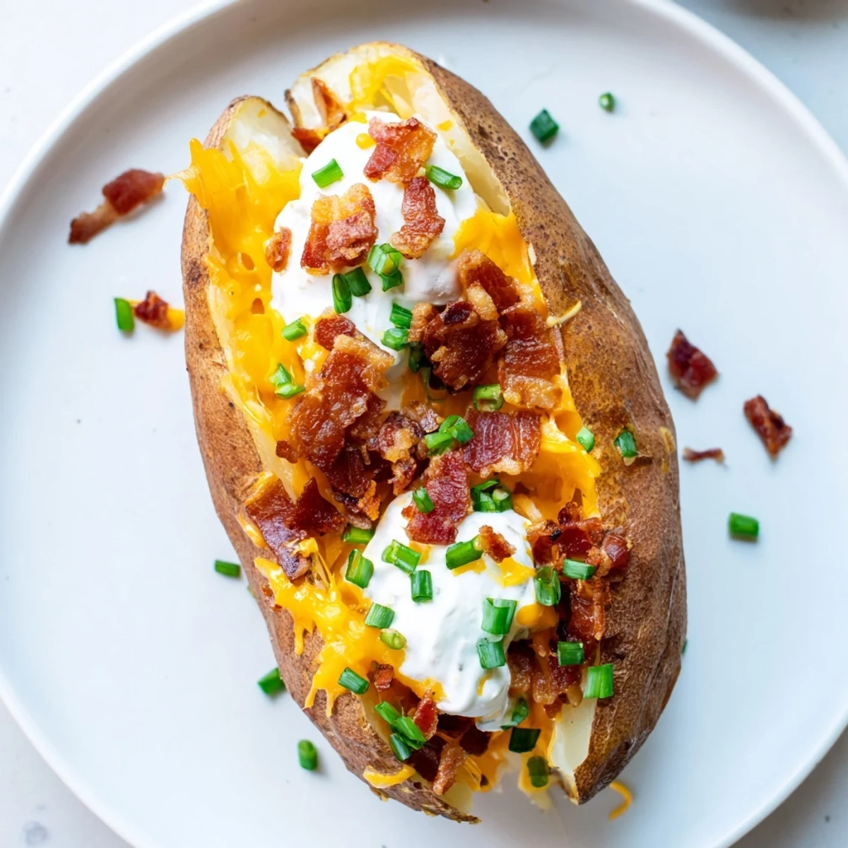 Fluffy, steaming Loaded Baked Potato topped with melted cheese, bacon, and fresh chives, a hearty side.