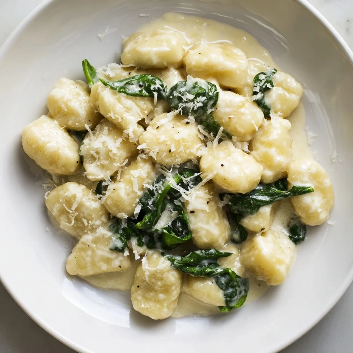 Creamy Garlic Gnocchi served in a skillet with fresh spinach leaves wilting into the rich, velvety sauce.