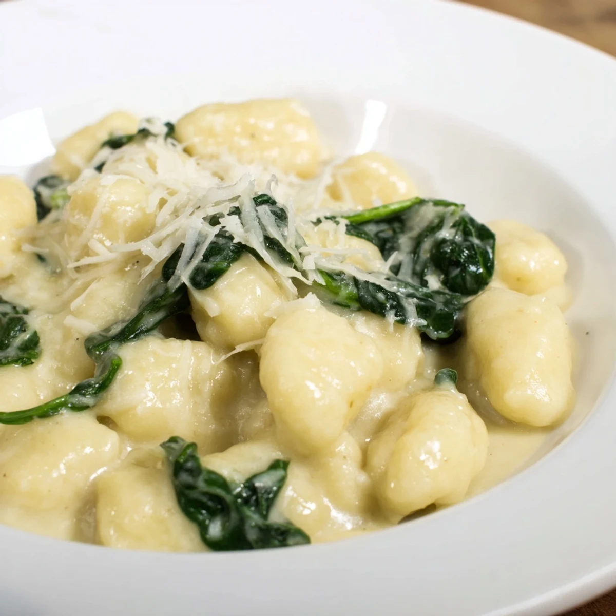 A close-up view of Creamy Garlic Gnocchi, showing tender potato dumplings coated in savory garlic cream and topped with Parmesan.