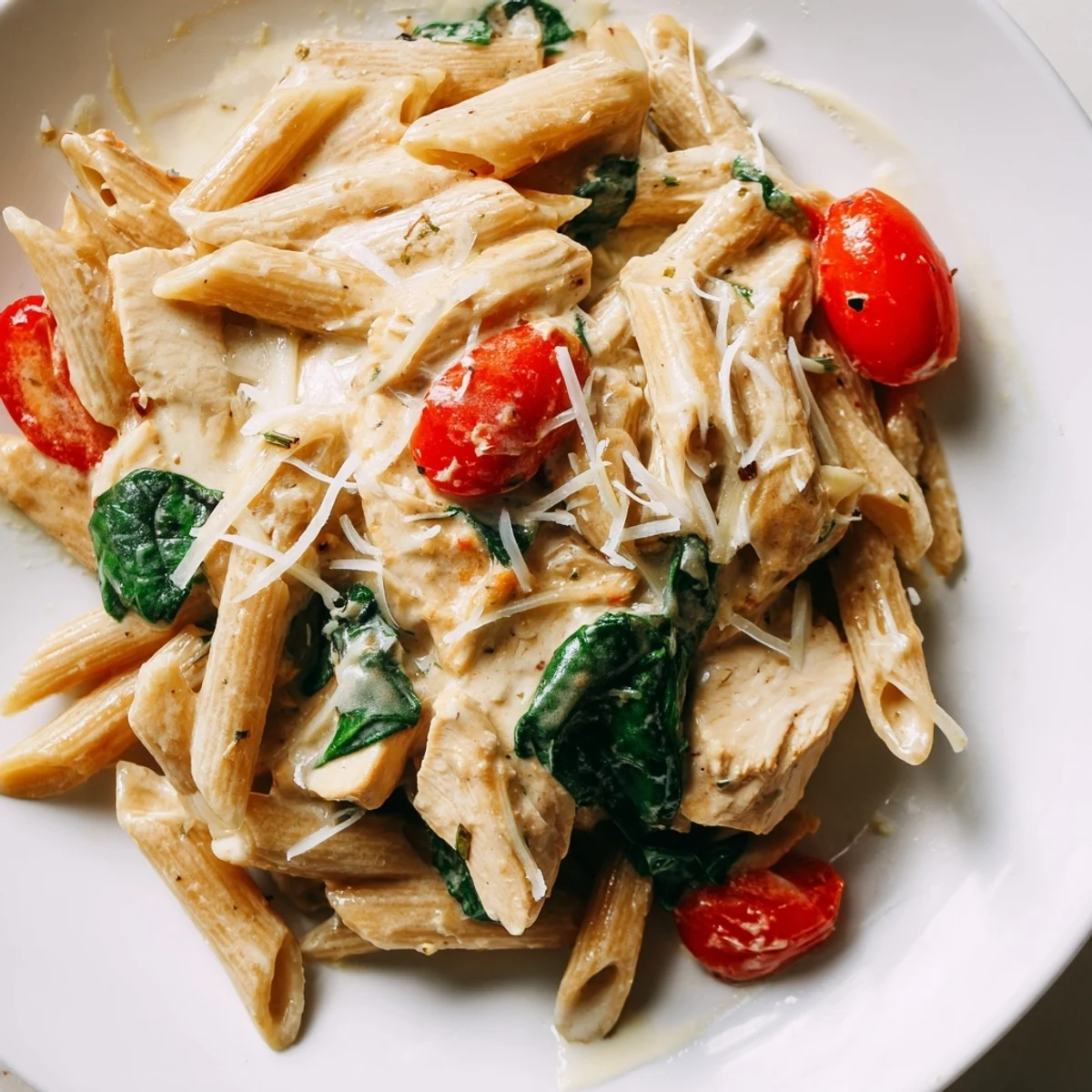 Overhead view of Greek Yogurt Chicken Pasta in a skillet, steam rising from the cheesy, herb-flecked pasta mixed with sautéed chicken and vegetables.