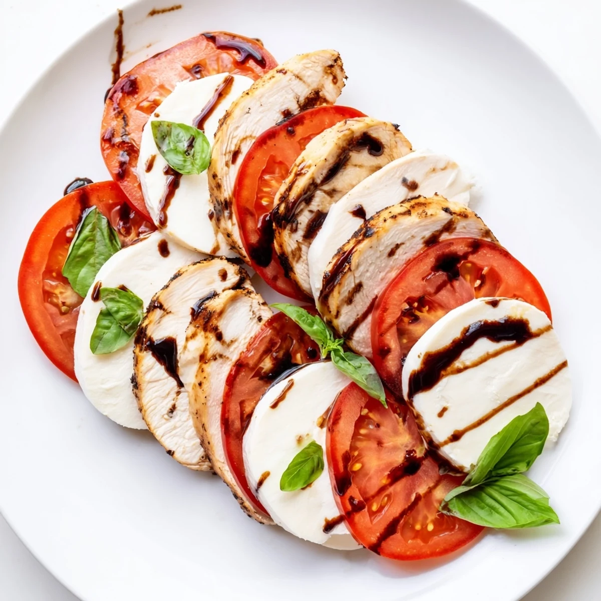 Grilled chicken slices rest atop ripe tomato and mozzarella in this vibrant Chicken Caprese Salad, glistening with a tangy balsamic drizzle.
