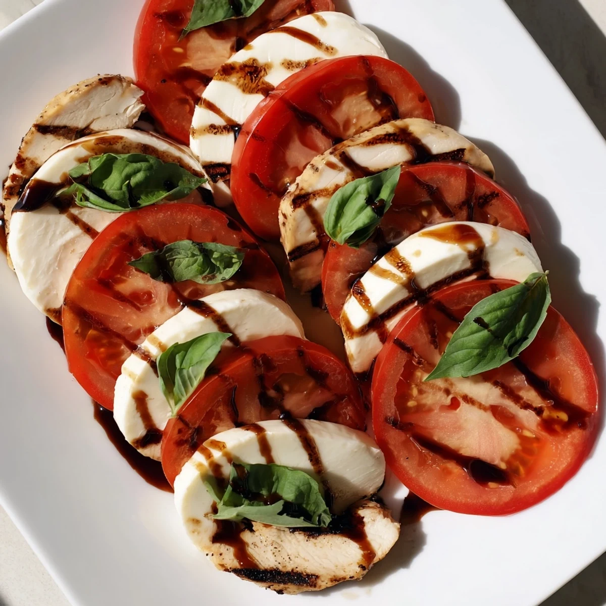 Sliced grilled chicken, juicy tomatoes, and creamy mozzarella are artfully arranged over fresh basil leaves in this easy Chicken Caprese Salad.