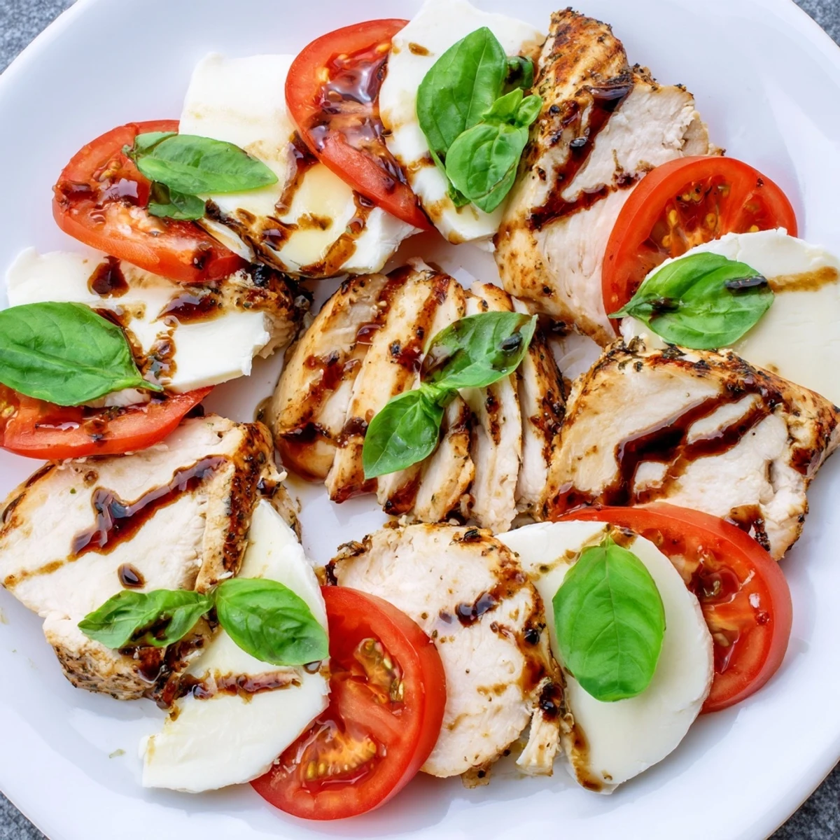 A colorful platter of Chicken Caprese Salad features layered tomatoes, mozzarella, and tender grilled chicken, finished with a sweet balsamic glaze.