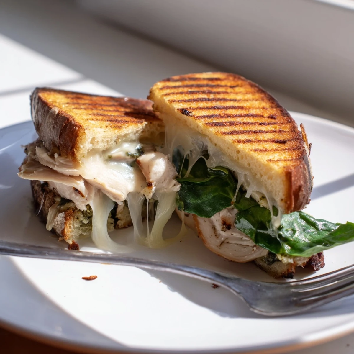 Sliced Chicken Pesto Panini with fresh basil pesto, tender grilled chicken, and juicy tomato on a white plate.  