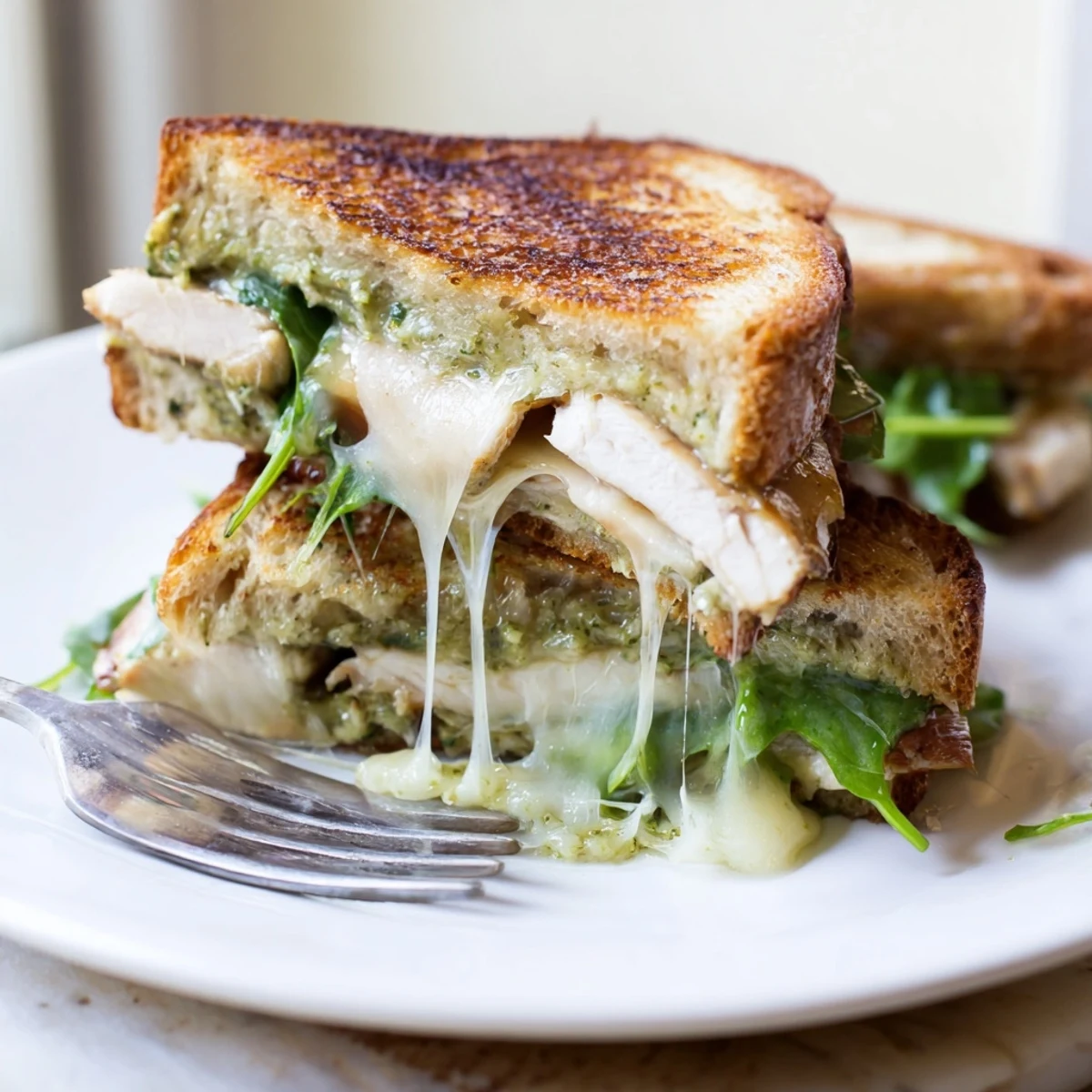 Homemade Chicken Pesto Panini stacked high, featuring toasted ciabatta, vibrant green pesto, and melted mozzarella for a satisfying lunch.