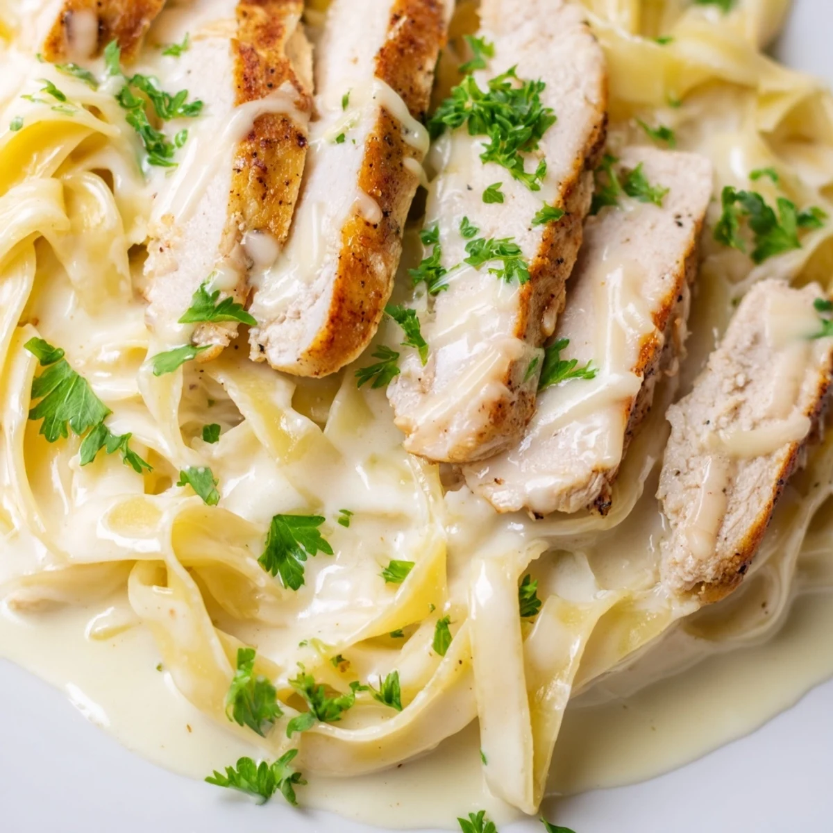 Sliced Cajun chicken breast rests atop creamy fettuccine Alfredo, garnished with fresh parsley and extra Parmesan, ready to serve.