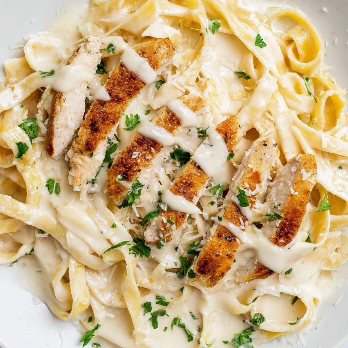 A skillet of sizzling Cajun chicken Alfredo pasta showcases the rich, creamy sauce clinging to each strand of fettuccine.