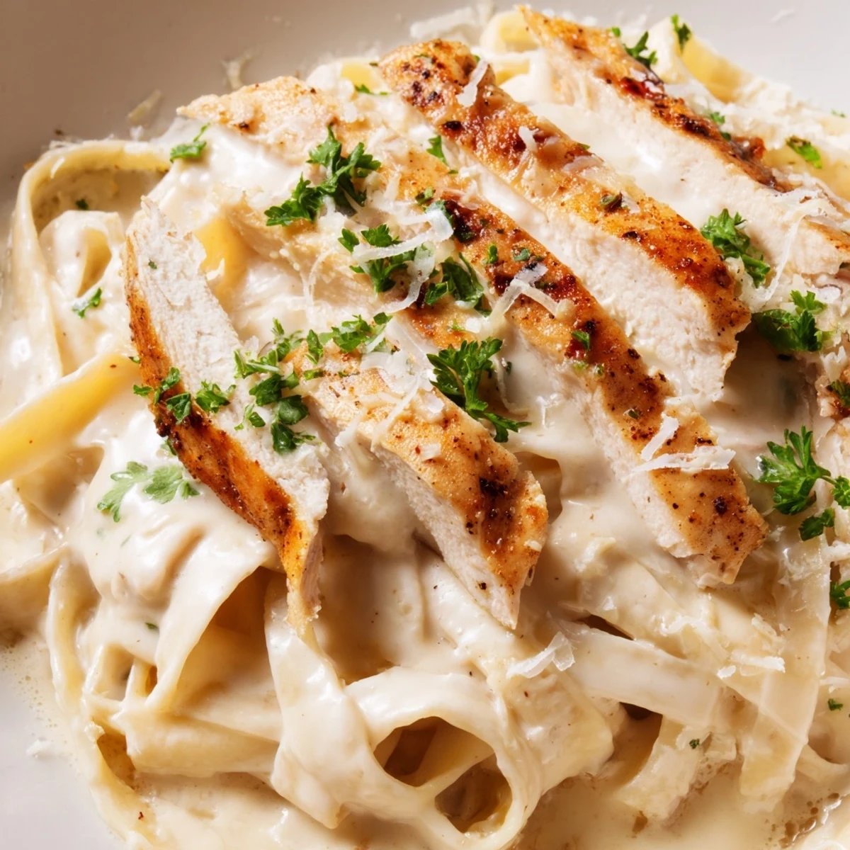 Close-up view of golden-brown Cajun chicken strips mixed into creamy Alfredo pasta, highlighting the aromatic herbs and melted cheese.