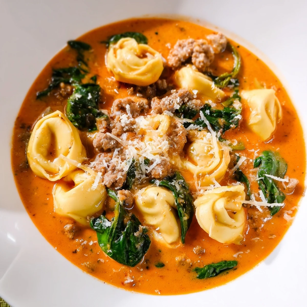 Creamy Tuscan Tortellini Soup with Italian sausage and wilted spinach in a rustic bowl.