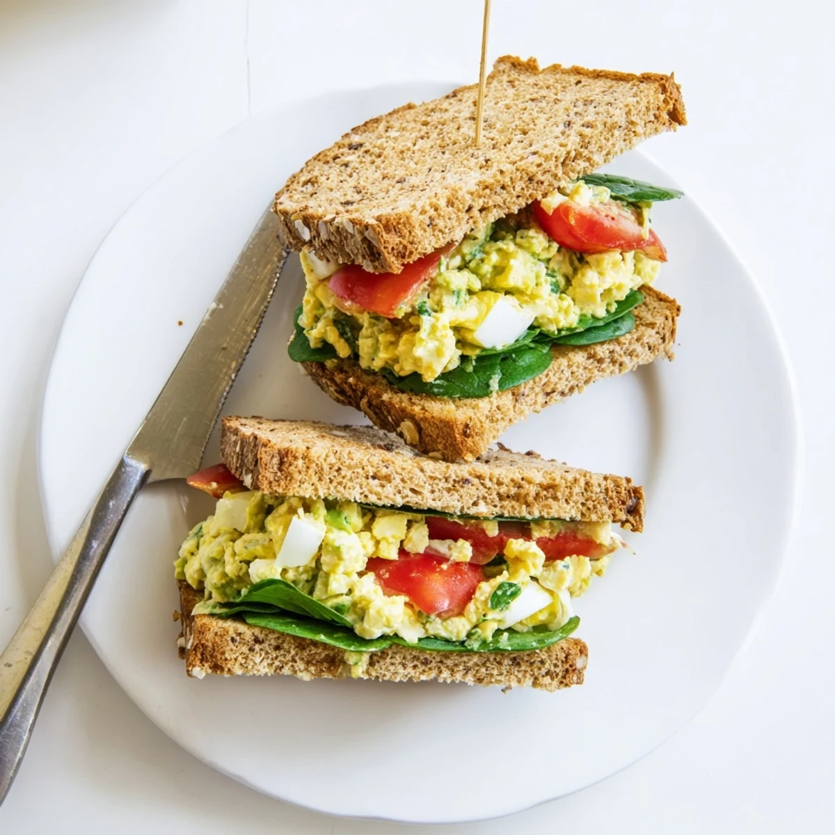 A close-up of a vibrant avocado egg salad sandwich on whole grain bread, filled with chunky eggs, creamy avocado, fresh chives, and a hint of lemon.