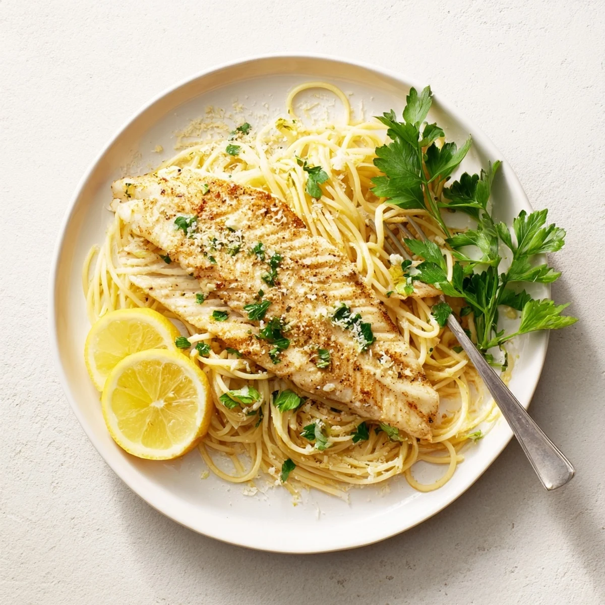 Grilled sea bass fillet resting atop spaghetti in a vibrant lemon-butter sauce, garnished with fresh parsley and Parmesan cheese.  