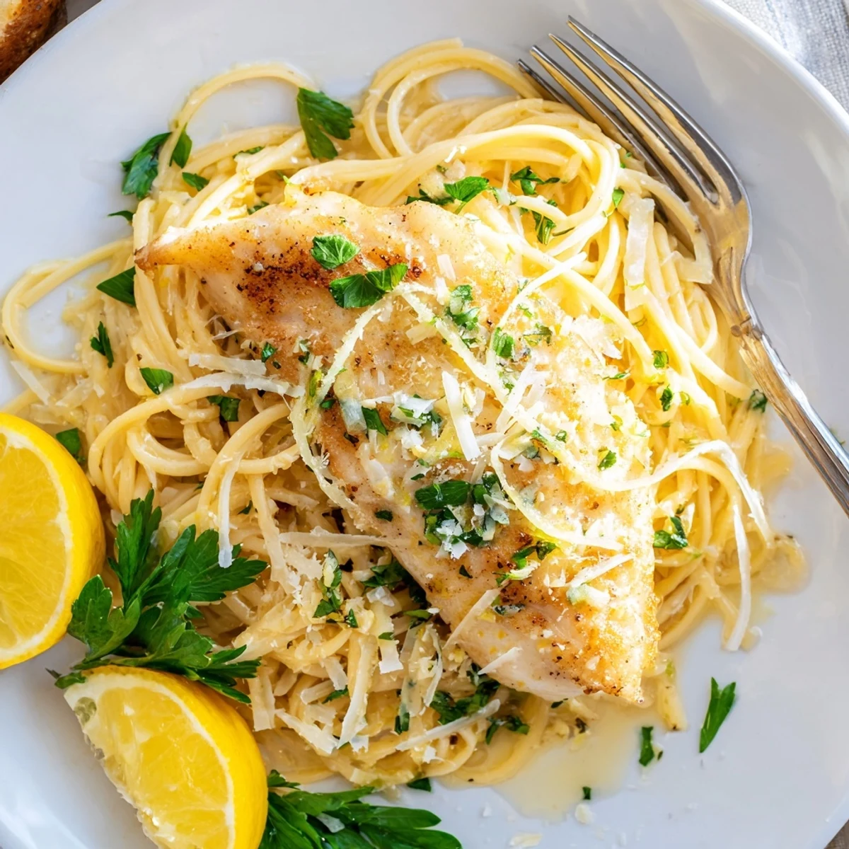 A close-up of Lemon Bass Pasta with tender grilled fish, lemon wedges, and herbs ready to serve.
