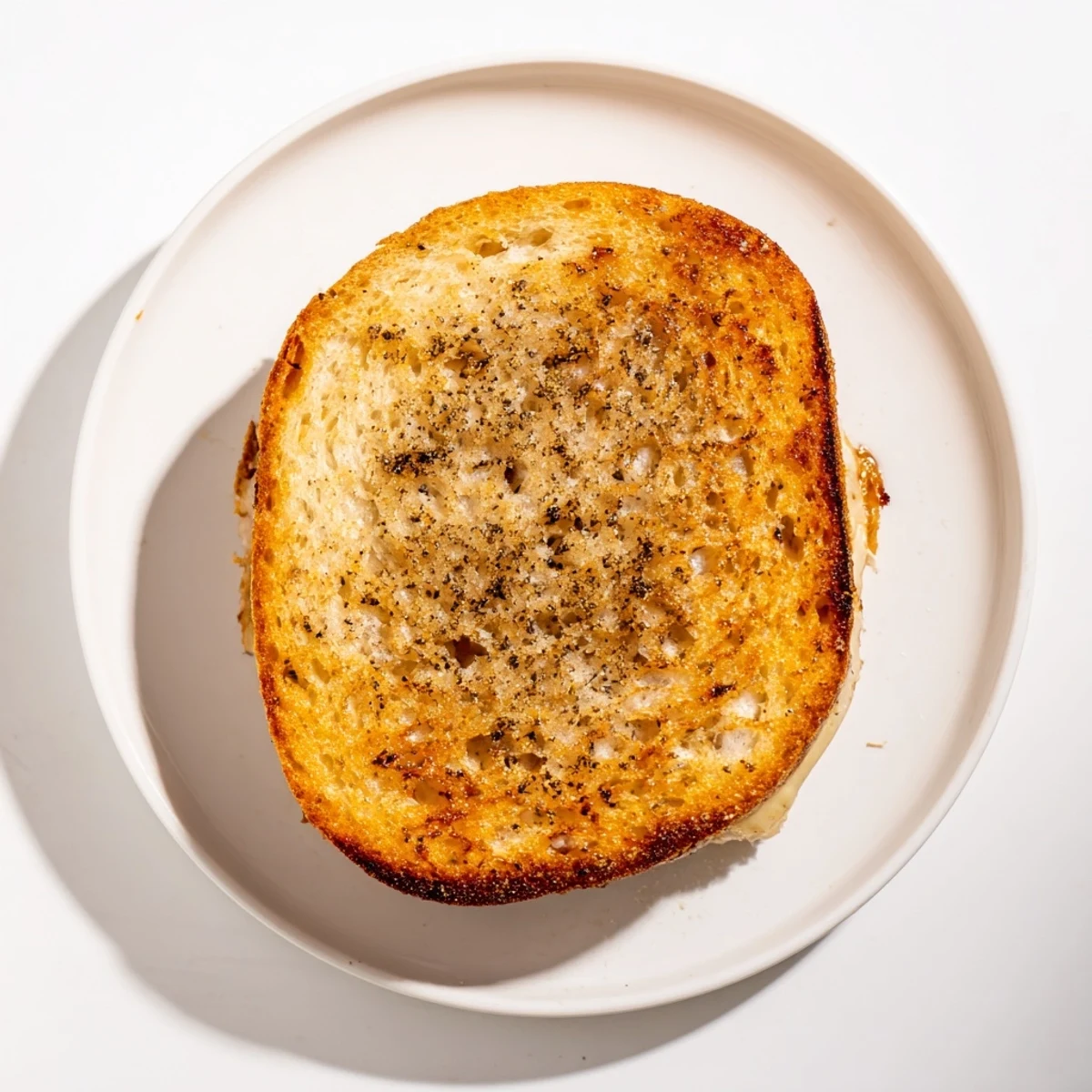 Close-up view of a Truffle Grilled Cheese, featuring golden-brown bread and rich Gruyère, sliced to reveal the gooey, savory filling.
