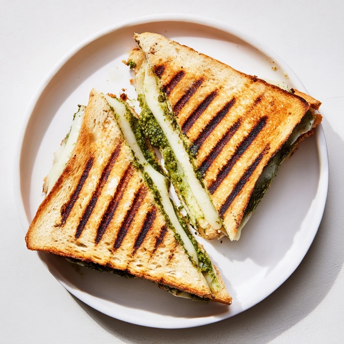 Golden-brown sourdough pesto grilled cheese sandwiches on a plate, with melted cheese oozing from the crispy bread slices.
