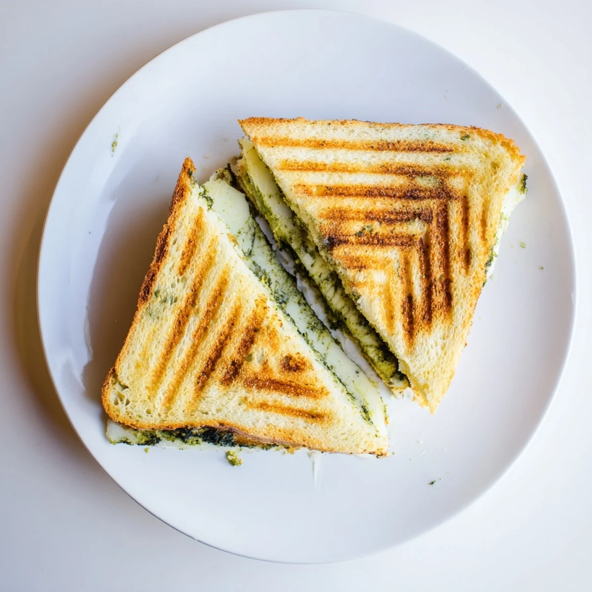 A close-up of a sourdough pesto grilled cheese, showcasing the vibrant green basil spread and gooey cheese layers.