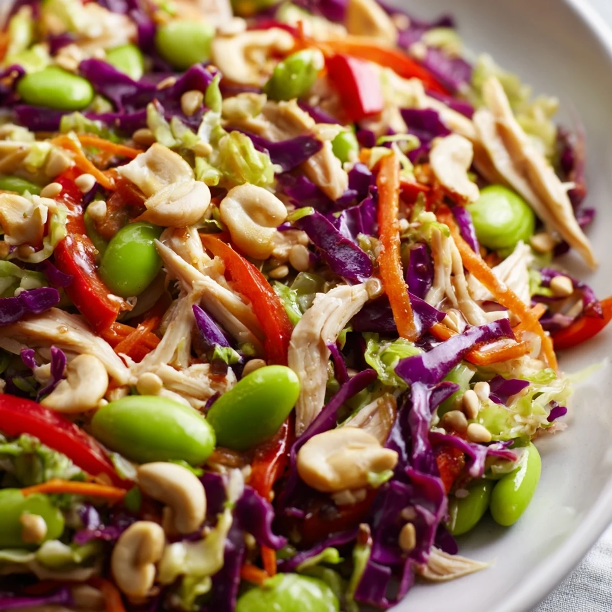 Freshly chopped vegetables and tender shredded chicken coated in a zesty ginger dressing in a large bowl of Edamame Crunch Chicken Salad.