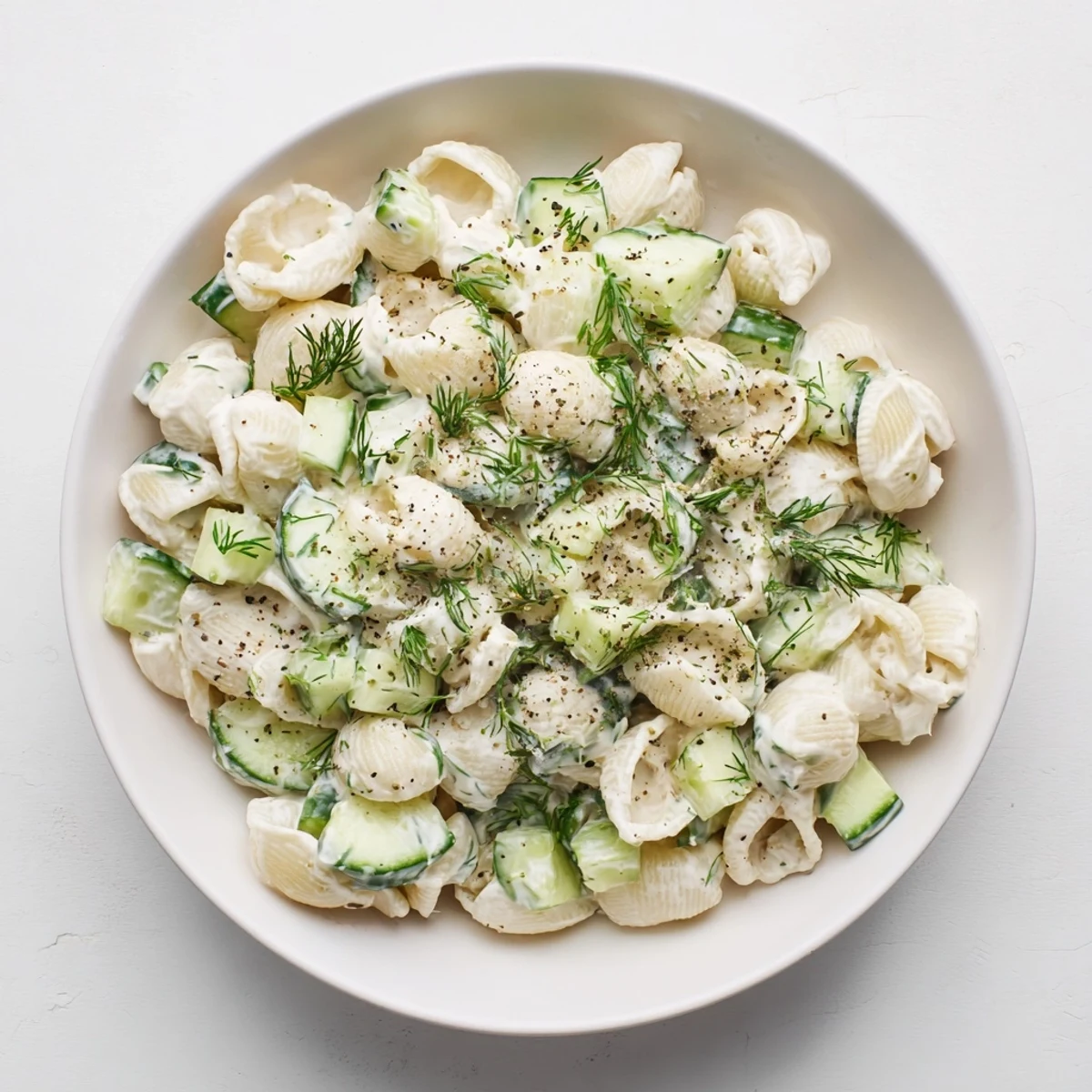 Cold Cucumber Crunch Pasta Salad tossed in tangy dressing, finished with everything bagel seasoning for extra texture.  