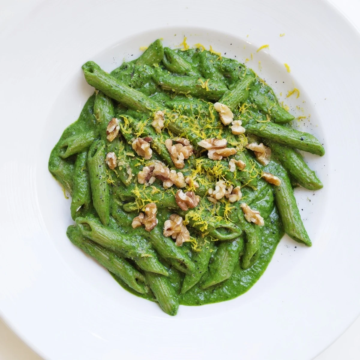 Freshly blended spinach walnut sauce coats every strand of al dente pasta, creating a vibrant green, plant-based main dish.  